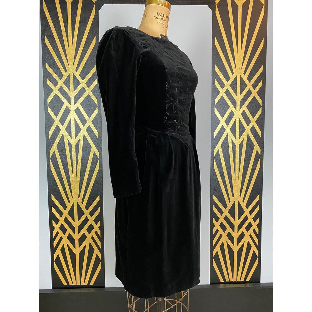 1980s black velvet embroidered Laura Ashley dress pleated puff shoulders 80s sm - Picture 5 of 10